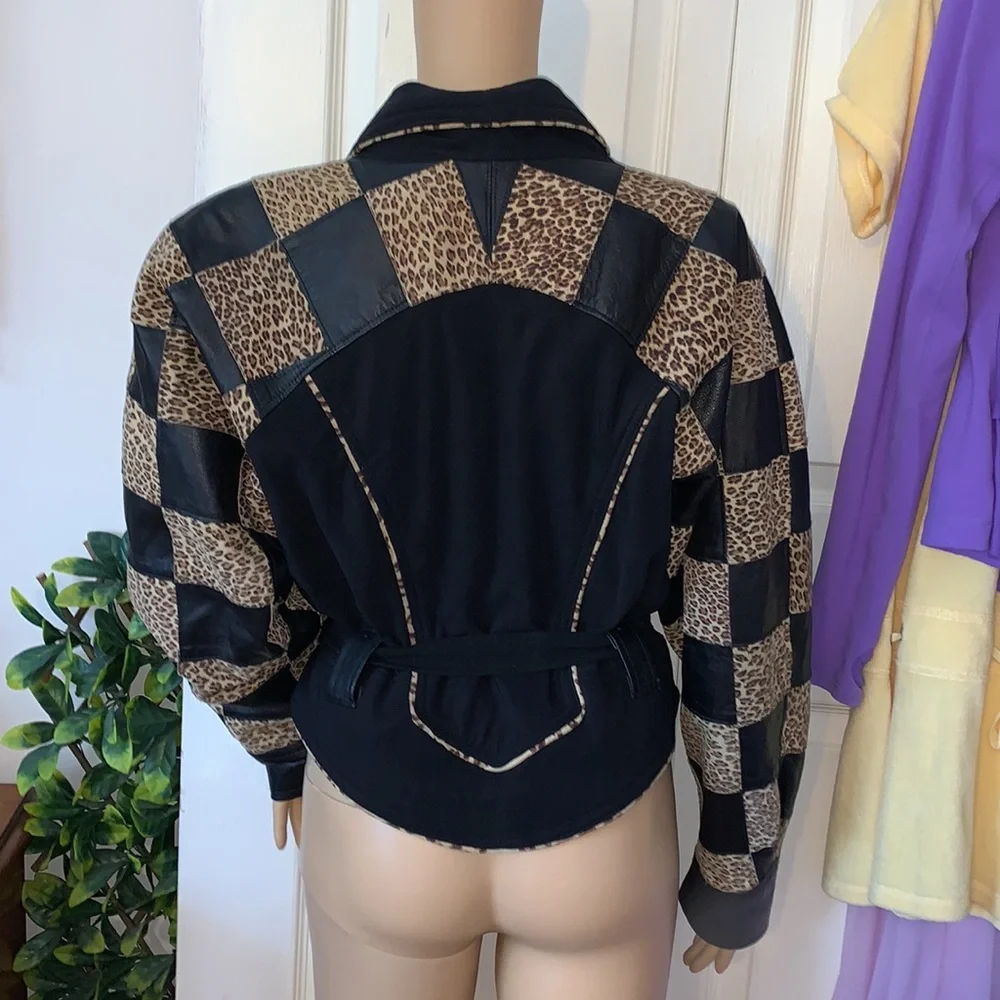 Vintage 80s leopard animal print checkered real suede leather wrap jacket L 🇨🇦 - Picture 10 of 15